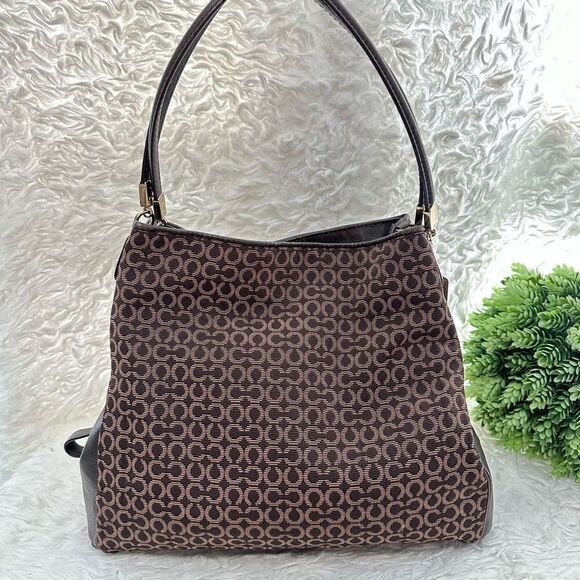 Coach EDIE Brown Signature CC Monogram Fabric &‎ Leather Zip Carryall Satchel - Picture 1 of 9